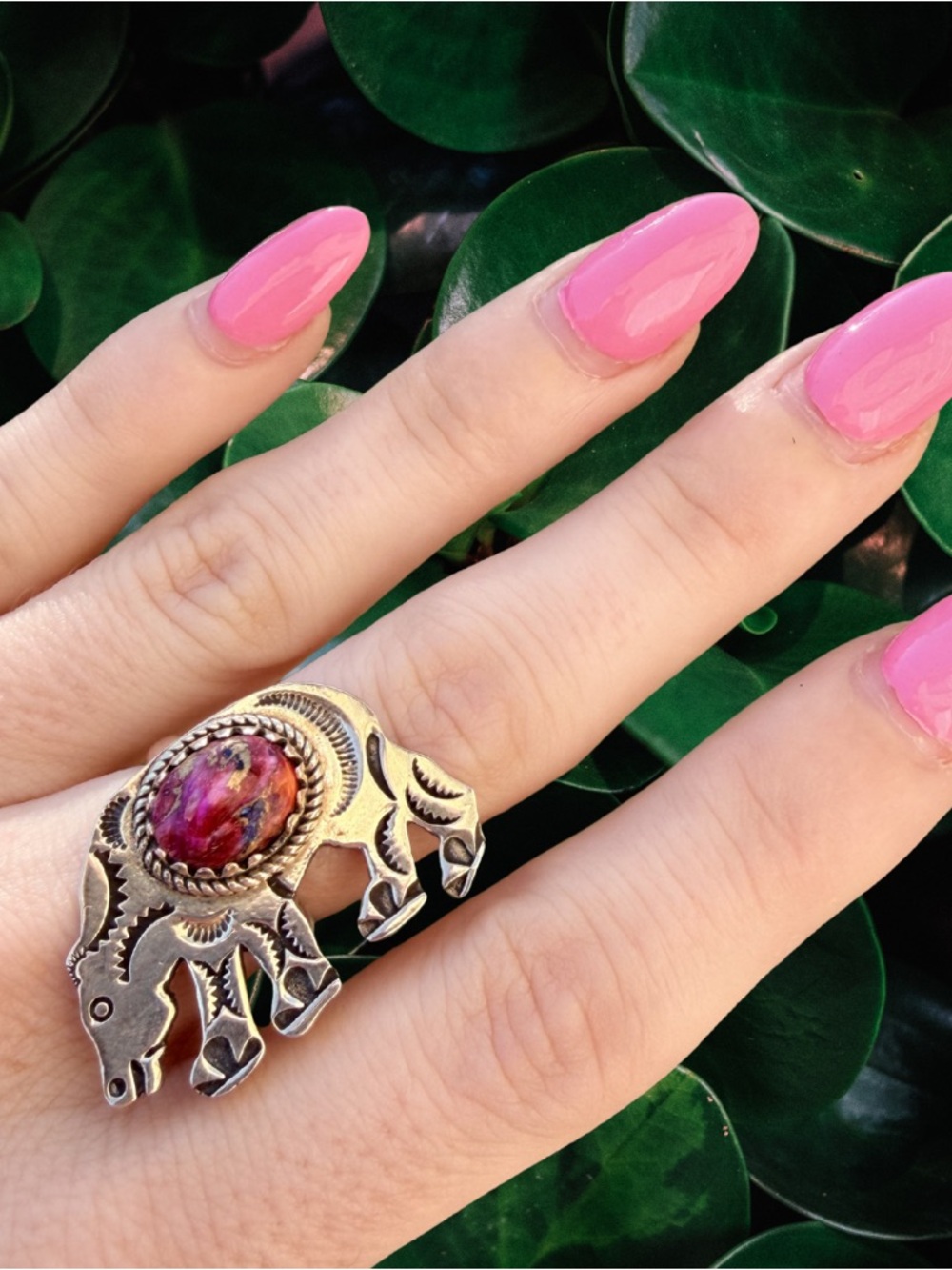 Pink Dahlia Turquoise Sterling Silver Southwestern OX Ring | Size 6 | New